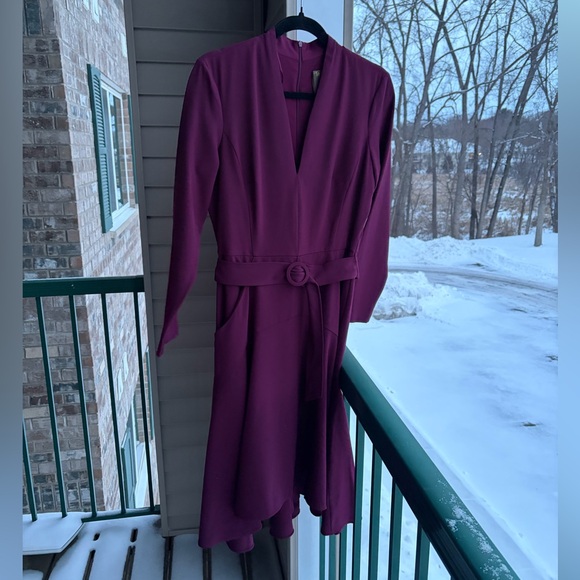 🆕 Taylor Burgundy Belted Long Sleeve V-Neck Fit & Flare Dress Size 8 Midi Hi-Low - Picture 4 of 16